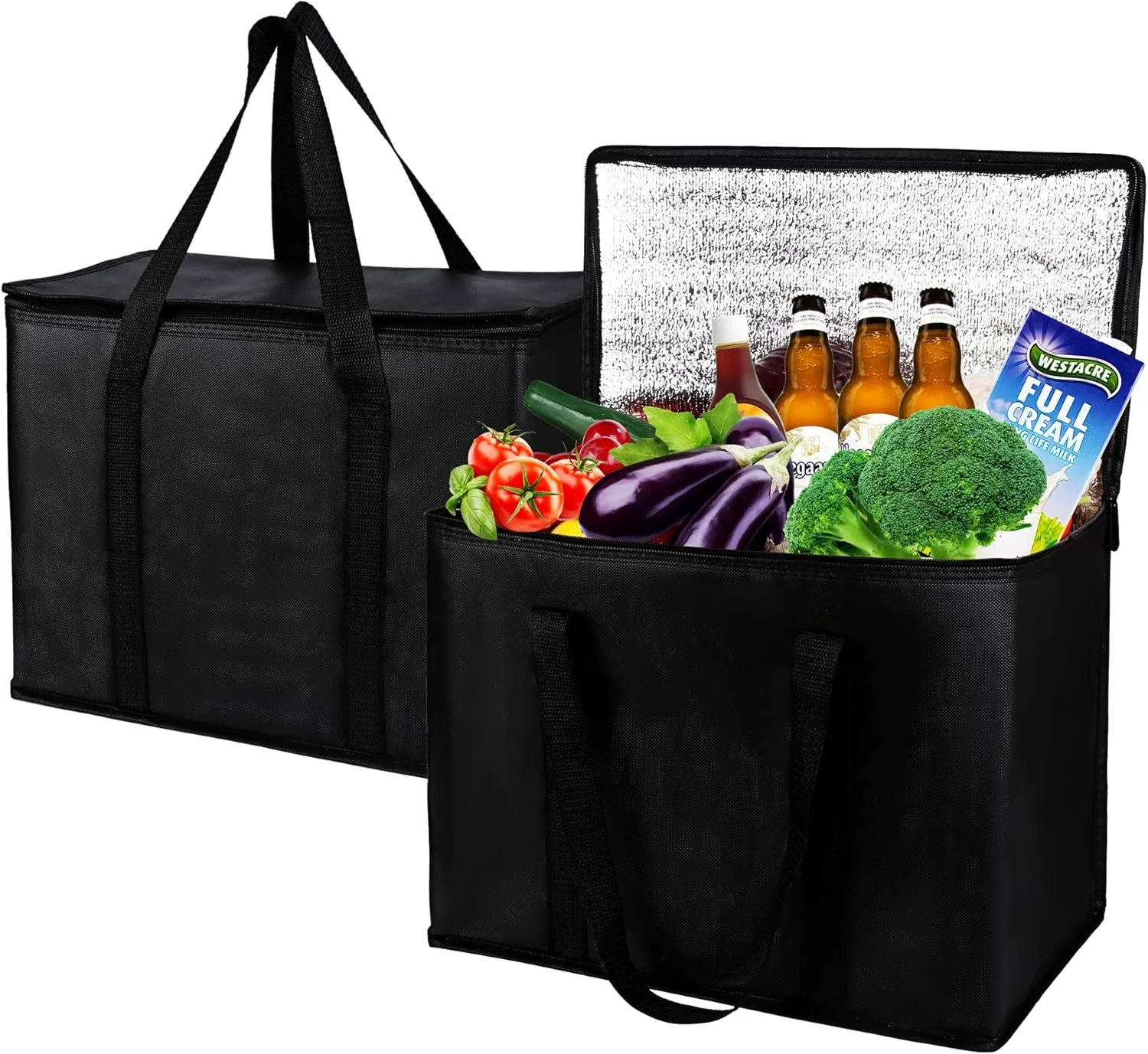 musbus 2Pk Insulated Reusable Grocery Bags, Collapsible Cooler Bag for Groceries, Heavy Duty Large Insulated Bag (Large, Charcoal Black)