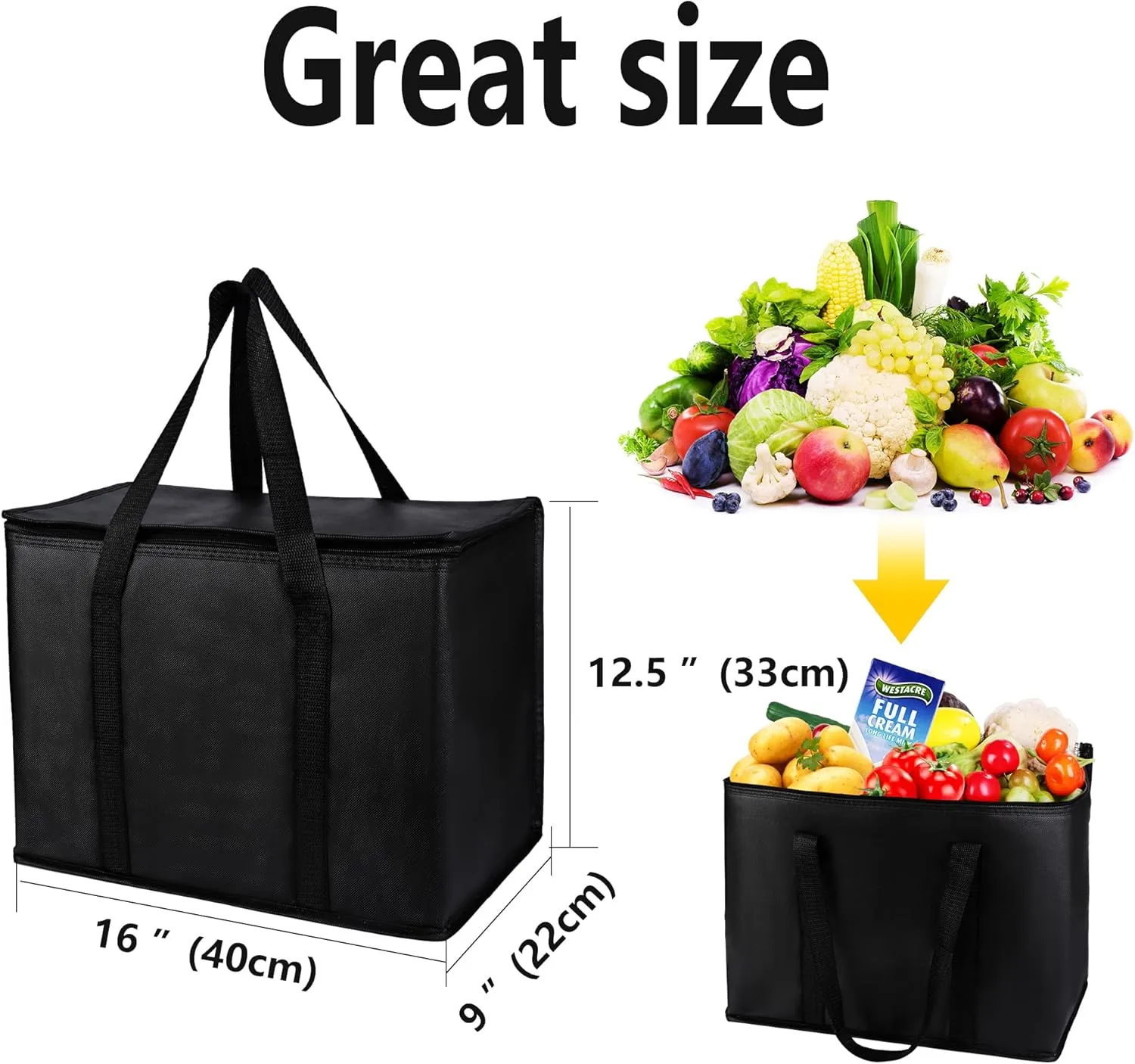 musbus 2Pk Insulated Reusable Grocery Bags, Collapsible Cooler Bag for Groceries, Heavy Duty Large Insulated Bag (Large, Charcoal Black)