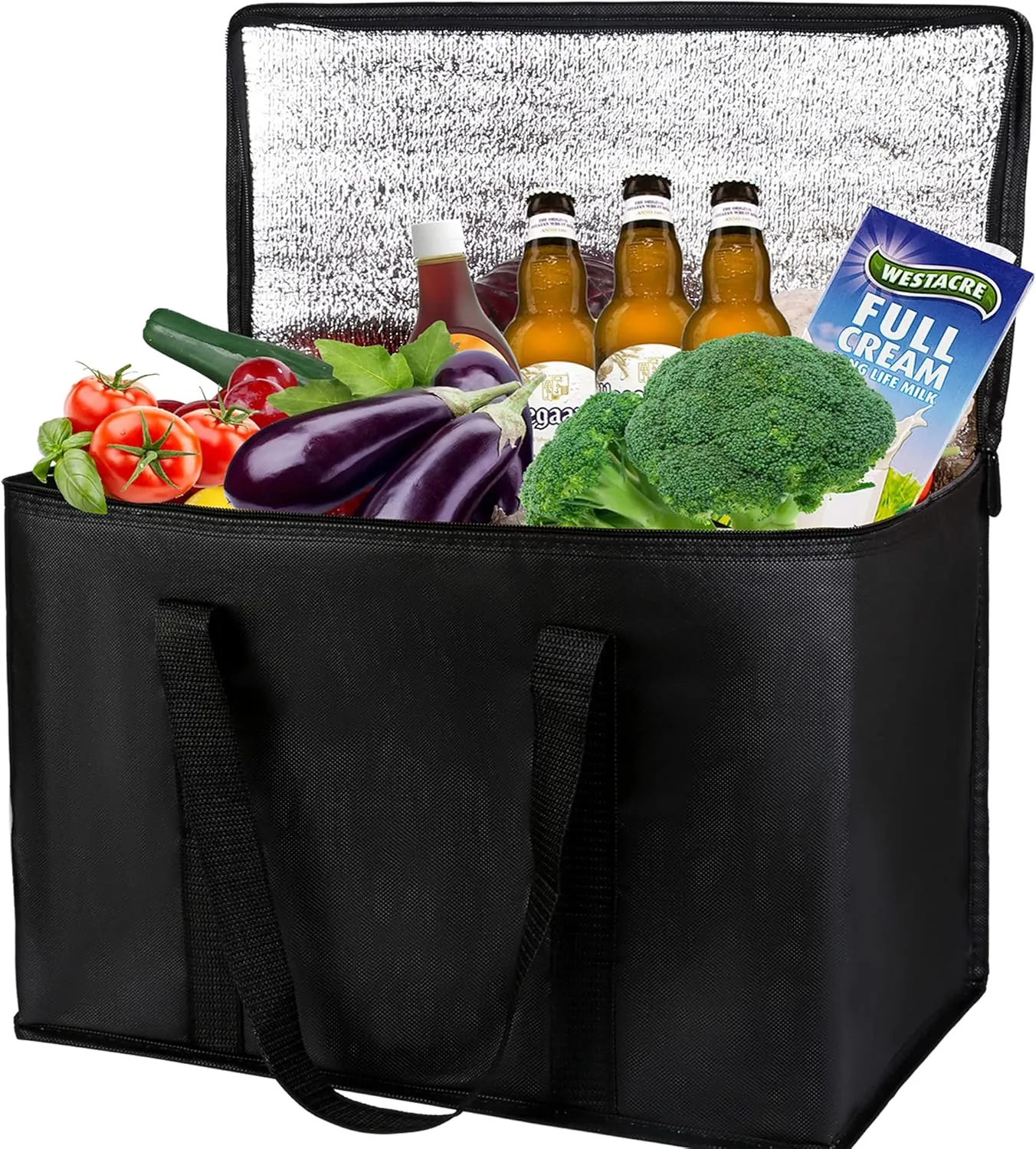 musbus 2Pk Insulated Reusable Grocery Bags, Collapsible Cooler Bag for Groceries, Heavy Duty Large Insulated Bag (Large, Charcoal Black)