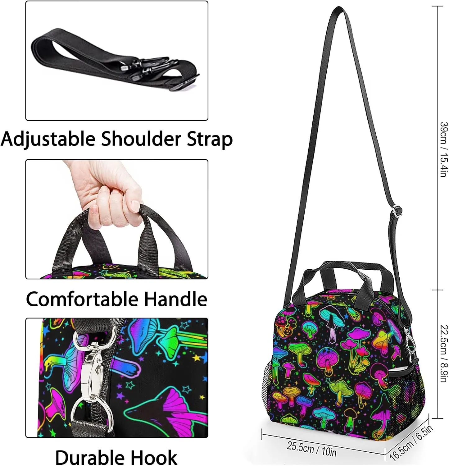Mushroom Lunch Bag, Reusable Lunch Box Insulated Meal Tote for Kids Women Men Cooler Bag with Shoulder Strap, Durability of Lunch Tote for Work School Picnic, Colorful Mush…