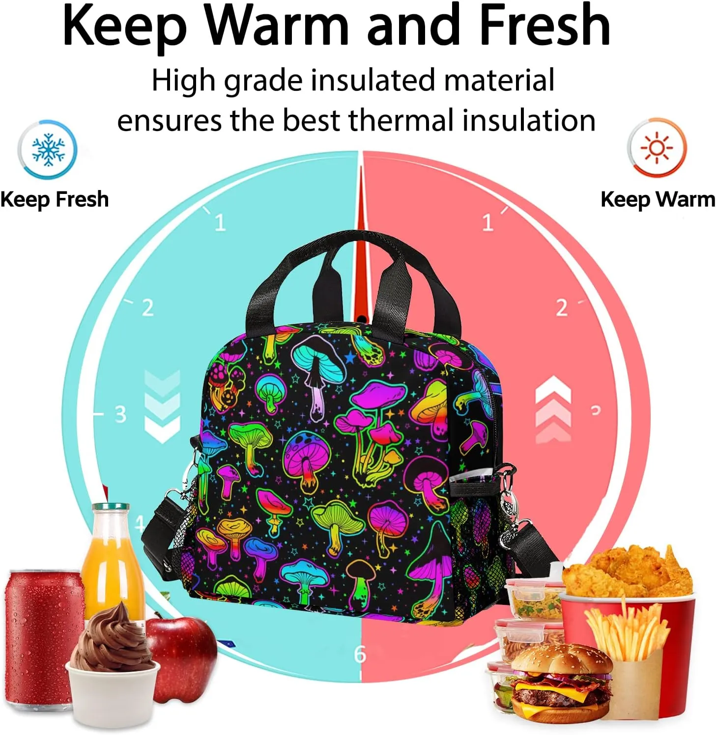 Mushroom Lunch Bag, Reusable Lunch Box Insulated Meal Tote for Kids Women Men Cooler Bag with Shoulder Strap, Durability of Lunch Tote for Work School Picnic, Colorful Mush…