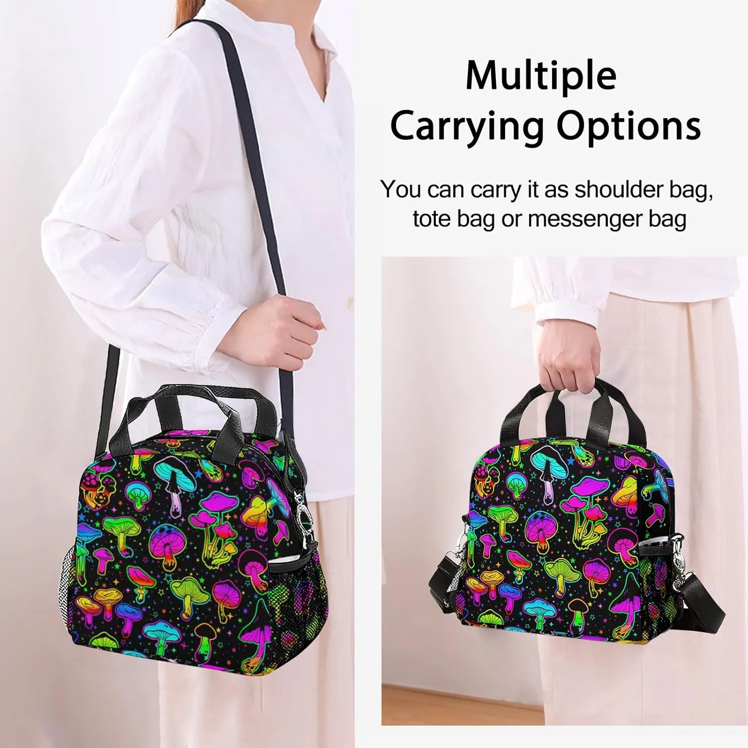 Mushroom Lunch Bag, Reusable Lunch Box Insulated Meal Tote for Kids Women Men Cooler Bag with Shoulder Strap, Durability of Lunch Tote for Work School Picnic, Colorful Mush…