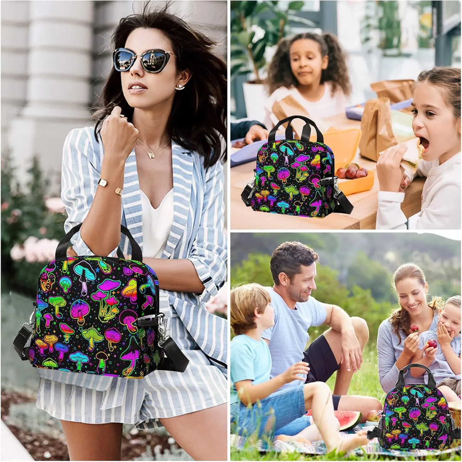 Mushroom Lunch Bag, Reusable Lunch Box Insulated Meal Tote for Kids Women Men Cooler Bag with Shoulder Strap, Durability of Lunch Tote for Work School Picnic, Colorful Mush…