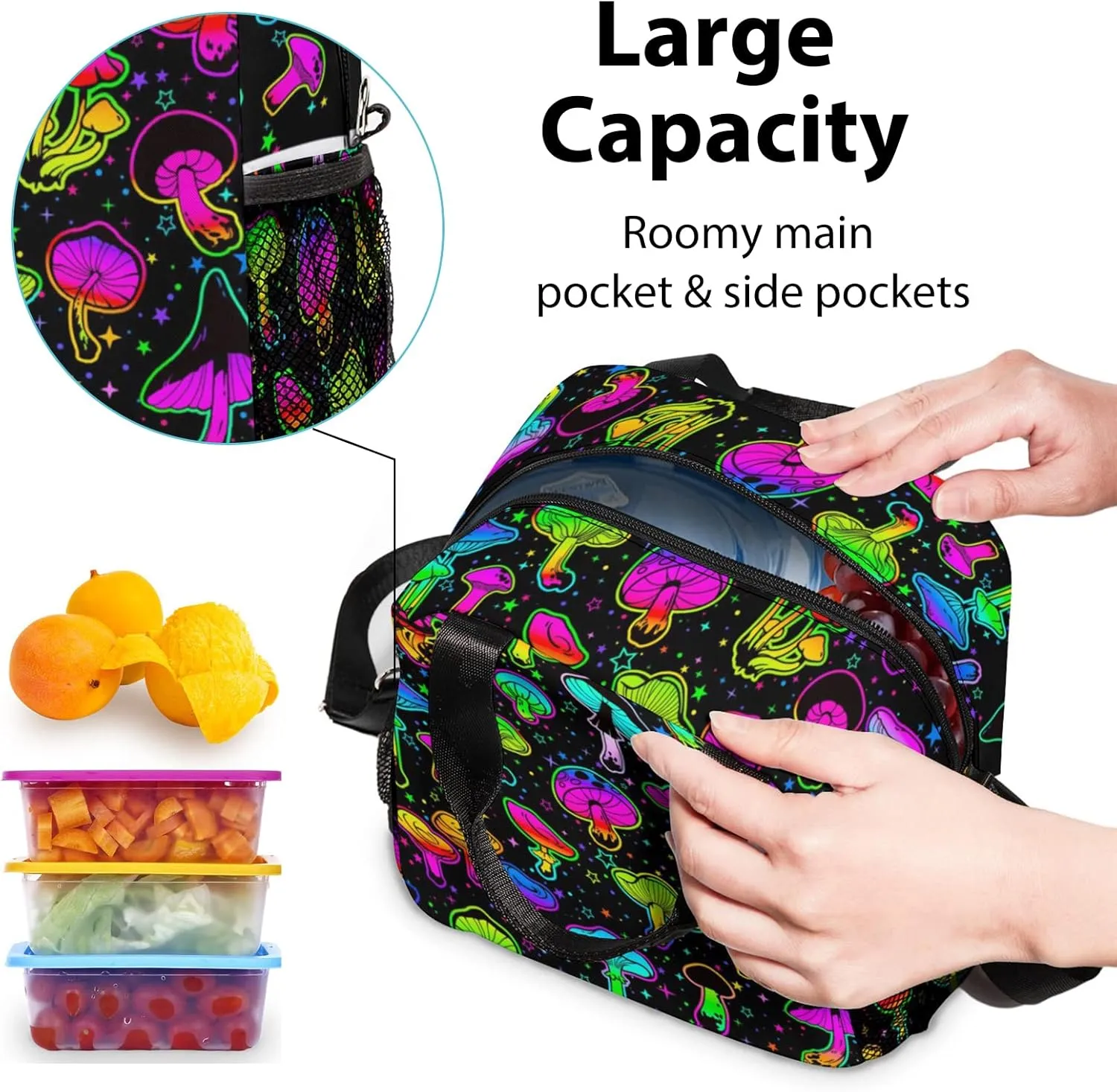 Mushroom Lunch Bag, Reusable Lunch Box Insulated Meal Tote for Kids Women Men Cooler Bag with Shoulder Strap, Durability of Lunch Tote for Work School Picnic, Colorful Mush…