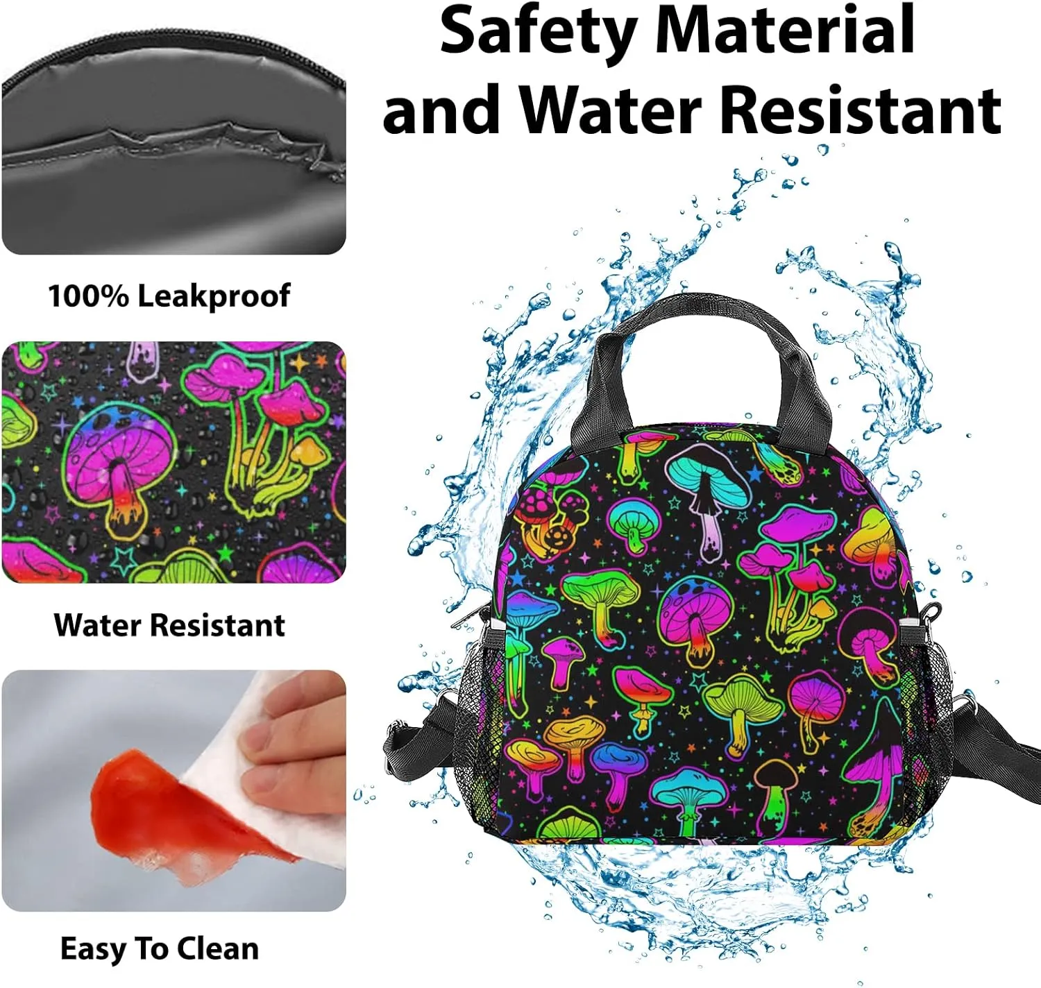 Mushroom Lunch Bag, Reusable Lunch Box Insulated Meal Tote for Kids Women Men Cooler Bag with Shoulder Strap, Durability of Lunch Tote for Work School Picnic, Colorful Mush…