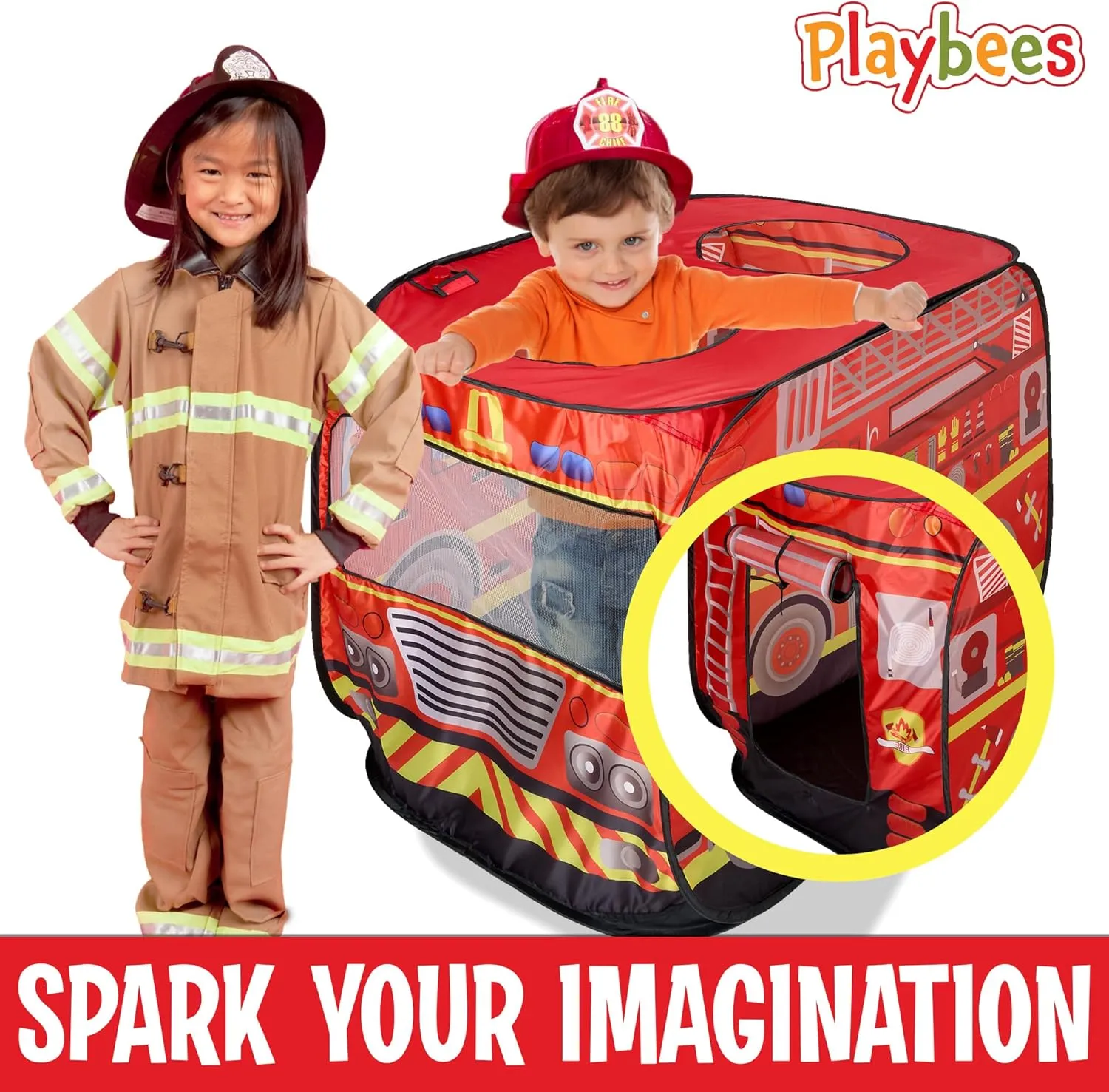 Musical Fire Truck Pop Up Play Tent with 3 Openings - Role Play Firefighter Tent - Sirens & Fireman Sounds - Indoor Outdoor - Red Fire Engine Playhouse Vehicle Toys - Ideal Play, Gift, Prop