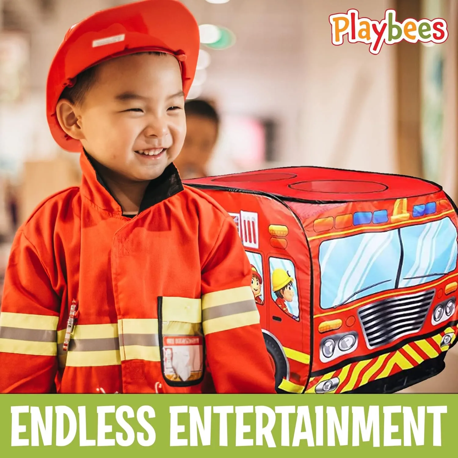 Musical Fire Truck Pop Up Play Tent with 3 Openings - Role Play Firefighter Tent - Sirens & Fireman Sounds - Indoor Outdoor - Red Fire Engine Playhouse Vehicle Toys - Ideal Play, Gift, Prop