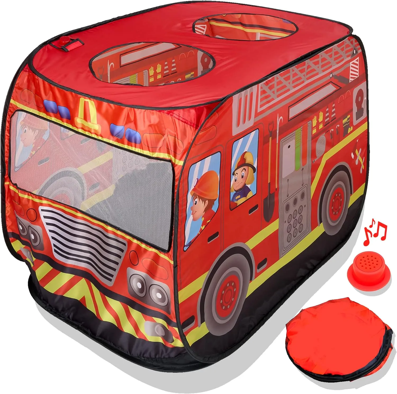 Musical Fire Truck Pop Up Play Tent with 3 Openings - Role Play Firefighter Tent - Sirens & Fireman Sounds - Indoor Outdoor - Red Fire Engine Playhouse Vehicle Toys - Ideal Play, Gift, Prop