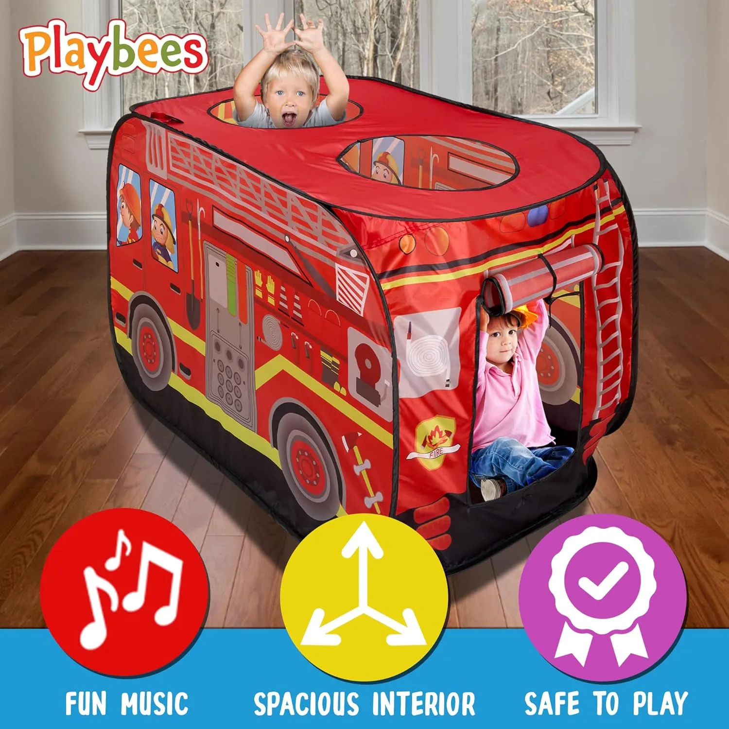 Musical Fire Truck Pop Up Play Tent with 3 Openings - Role Play Firefighter Tent - Sirens & Fireman Sounds - Indoor Outdoor - Red Fire Engine Playhouse Vehicle Toys - Ideal Play, Gift, Prop