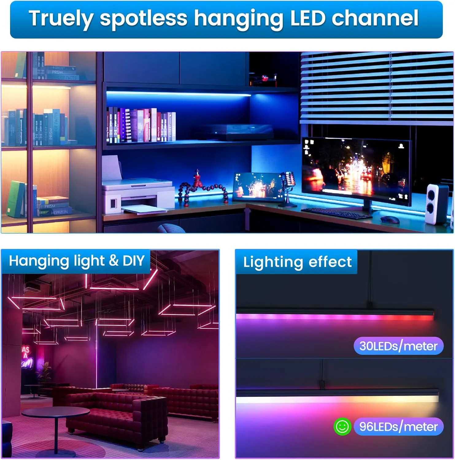 Muzata 10Pack 3.3FT/1M Spotless LED Channel with Hanging Wire No Hot Spots Silver Aluminum LED Strip Diffuser Channel with Milky White Cover U116 WW 1M