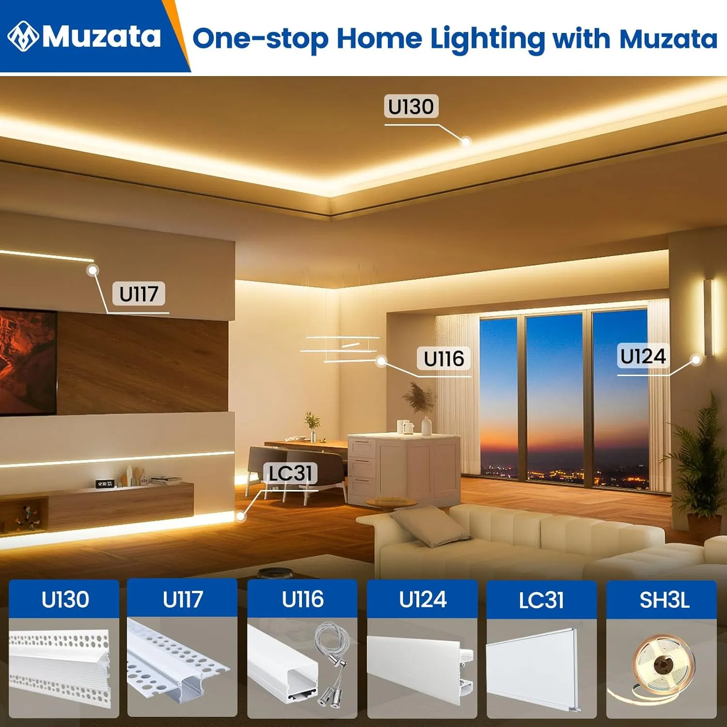 Muzata 10Pack 3.3FT/1M Spotless LED Channel with Hanging Wire No Hot Spots Silver Aluminum LED Strip Diffuser Channel with Milky White Cover U116 WW 1M