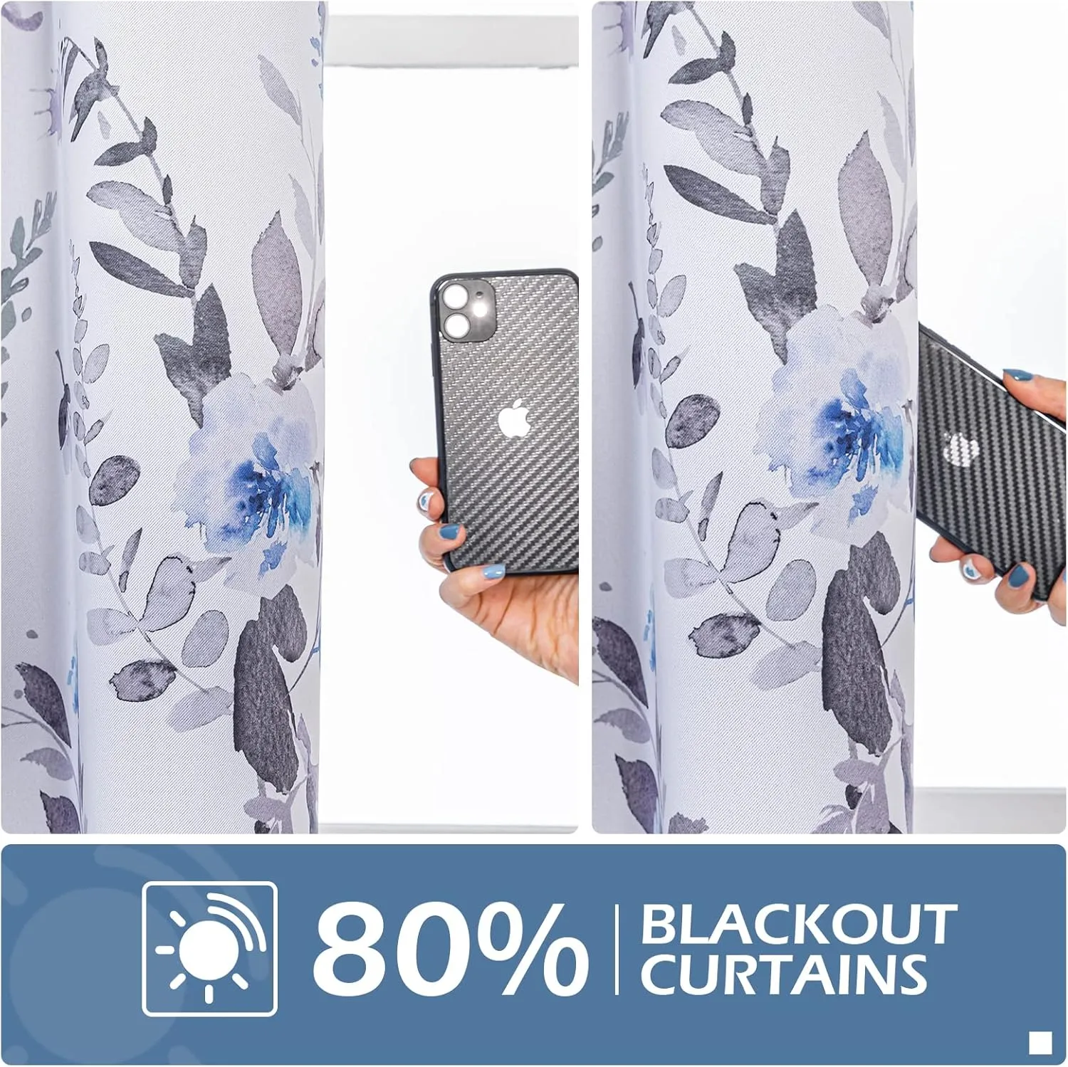 MYSKY HOME Curtains 84 Inches Long for Living Room, Blue Floral Thermal Insulated Light Blocking Grommet drapes, 2 Panels, Grey and Blue.
