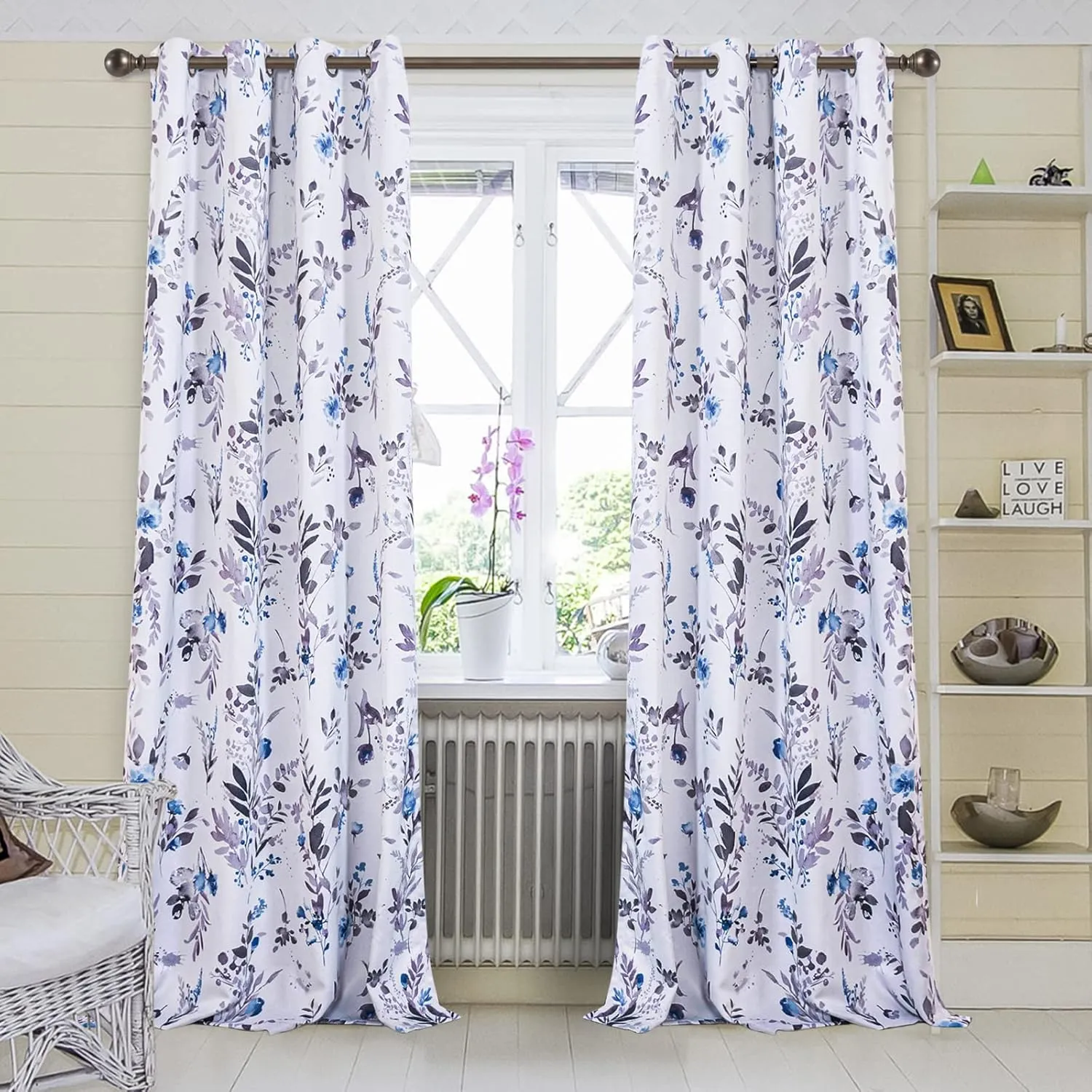 MYSKY HOME Curtains 84 Inches Long for Living Room, Blue Floral Thermal Insulated Light Blocking Grommet drapes, 2 Panels, Grey and Blue.