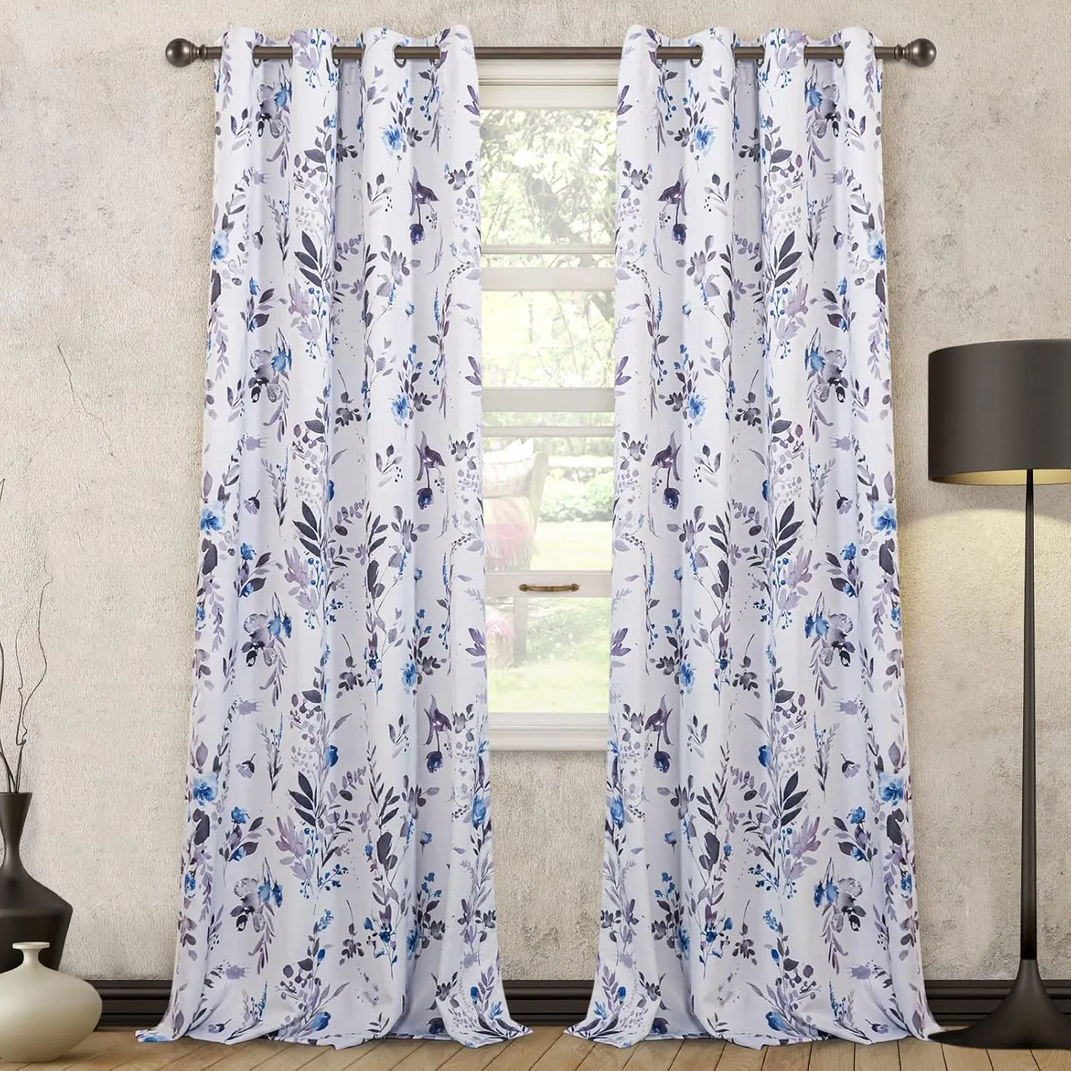 MYSKY HOME Curtains 84 Inches Long for Living Room, Blue Floral Thermal Insulated Light Blocking Grommet drapes, 2 Panels, Grey and Blue.
