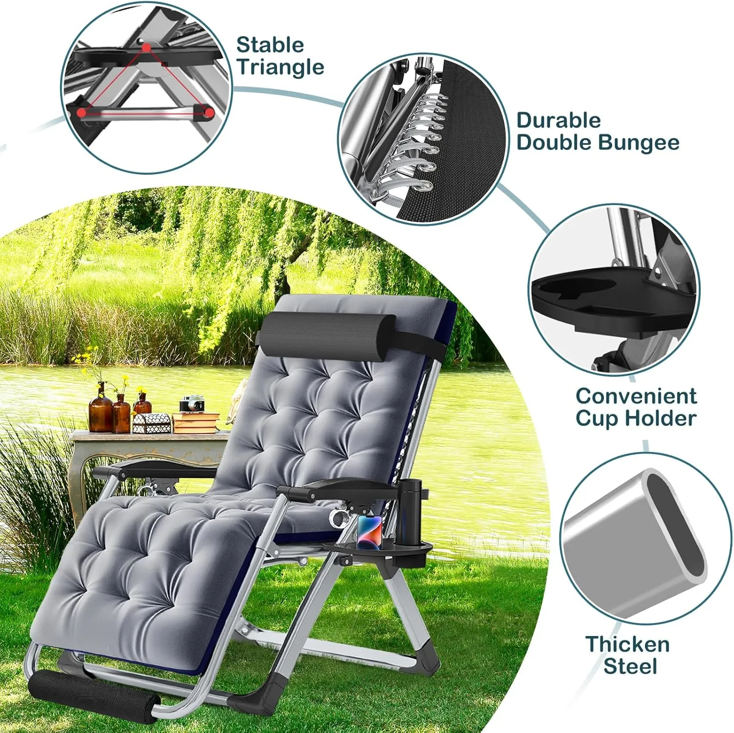 NAIZEA Lounge Chair Padded Zero Gravity Chair Folding Adjustable Reclining Patio Chairs with Cup Holder, Ergonomic Patio Recliner Chairs for Kids and Adult for Indoor and Outdoor