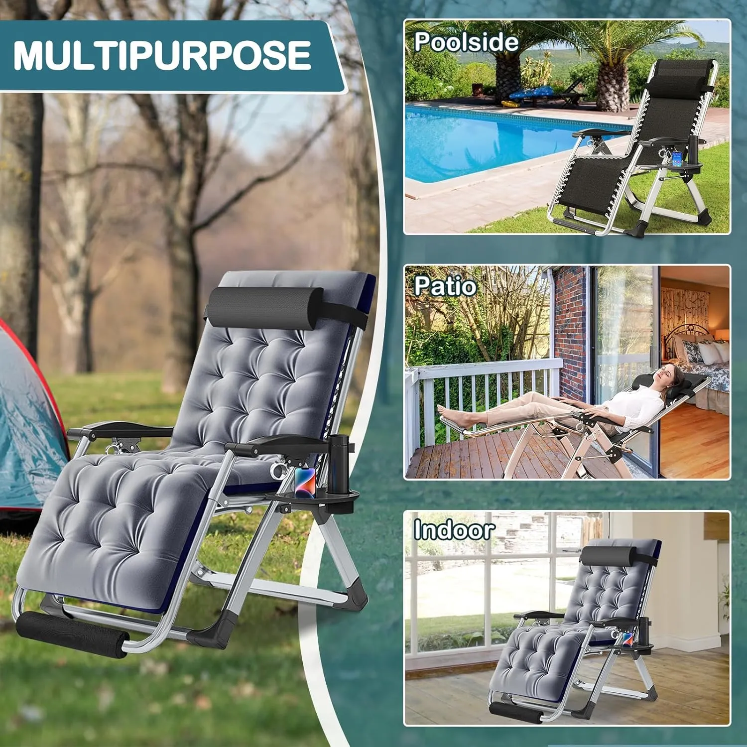 NAIZEA Lounge Chair Padded Zero Gravity Chair Folding Adjustable Reclining Patio Chairs with Cup Holder, Ergonomic Patio Recliner Chairs for Kids and Adult for Indoor and Outdoor