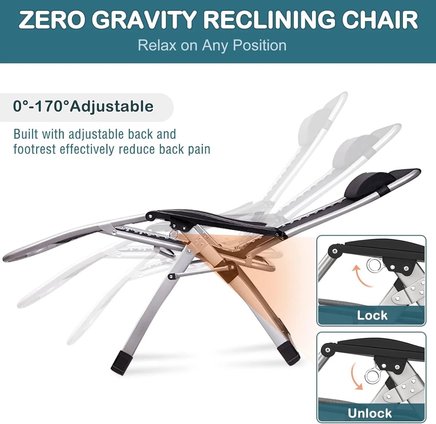 NAIZEA Lounge Chair Padded Zero Gravity Chair Folding Adjustable Reclining Patio Chairs with Cup Holder, Ergonomic Patio Recliner Chairs for Kids and Adult for Indoor and Outdoor