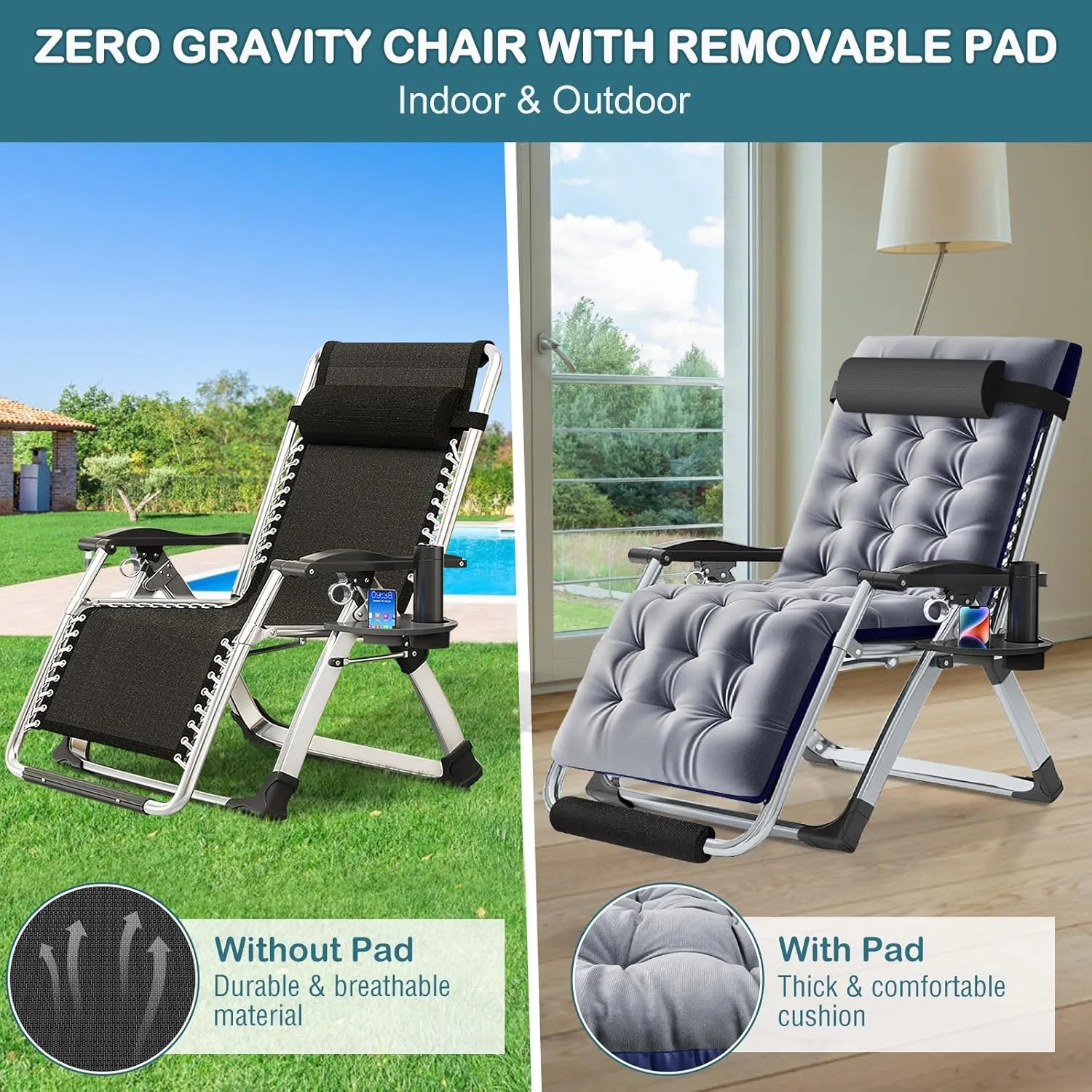 NAIZEA Lounge Chair Padded Zero Gravity Chair Folding Adjustable Reclining Patio Chairs with Cup Holder, Ergonomic Patio Recliner Chairs for Kids and Adult for Indoor and Outdoor