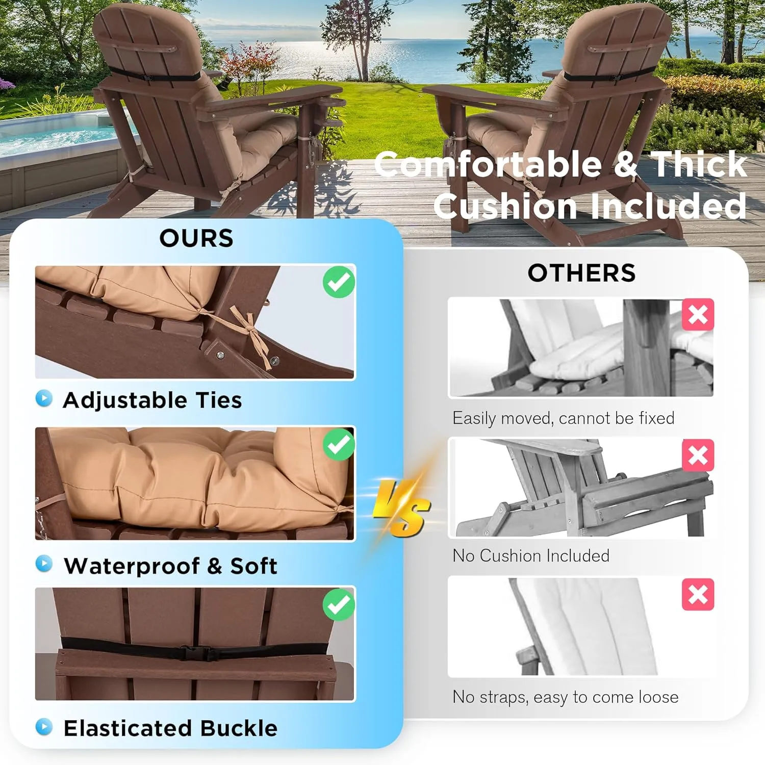 nalone Folding Adirondack Chairs Set of 2 with Cushion with Cup Holder, HDPE Plastic Oversized Patio Chair Weather Resistant, Used in Outdoor, Fire Pit, Deck, Garden, Campfire Chairs
