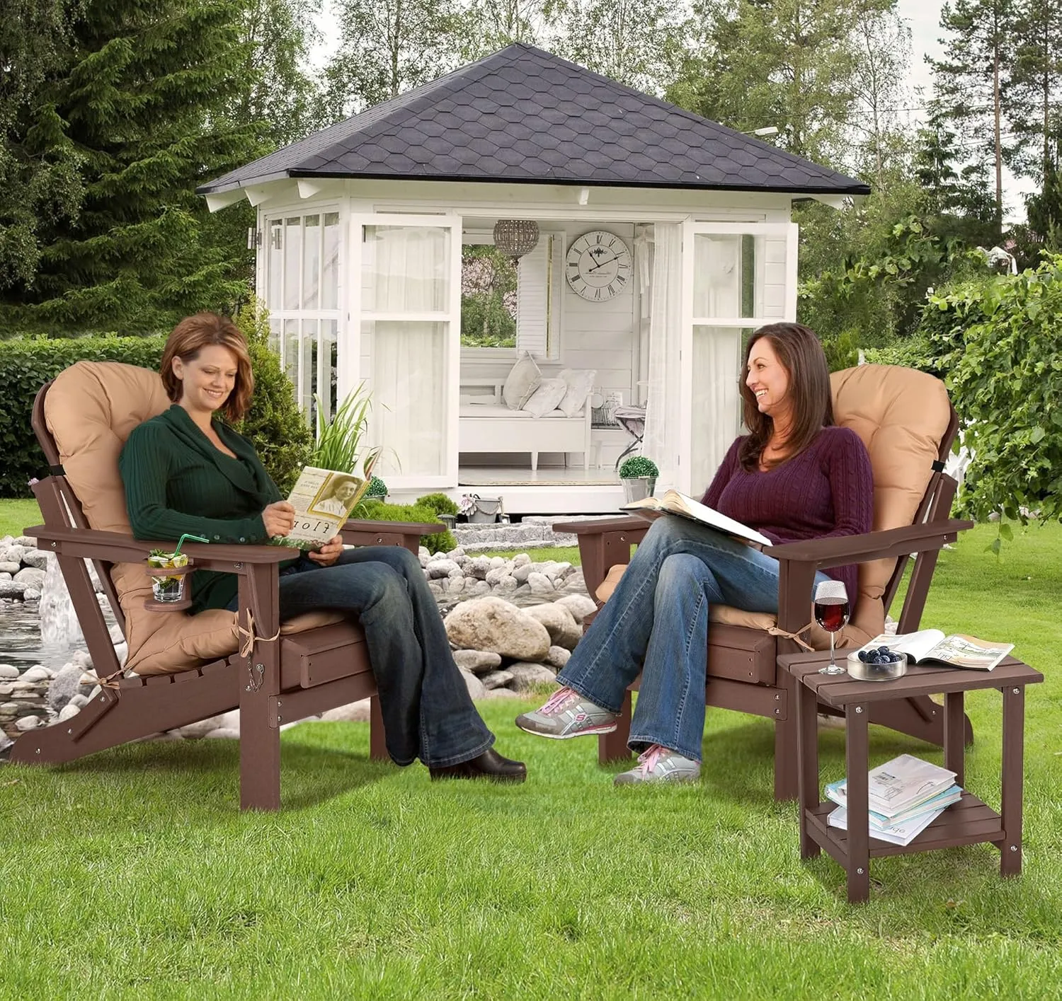 nalone Folding Adirondack Chairs Set of 2 with Cushion with Cup Holder, HDPE Plastic Oversized Patio Chair Weather Resistant, Used in Outdoor, Fire Pit, Deck, Garden, Campfire Chairs