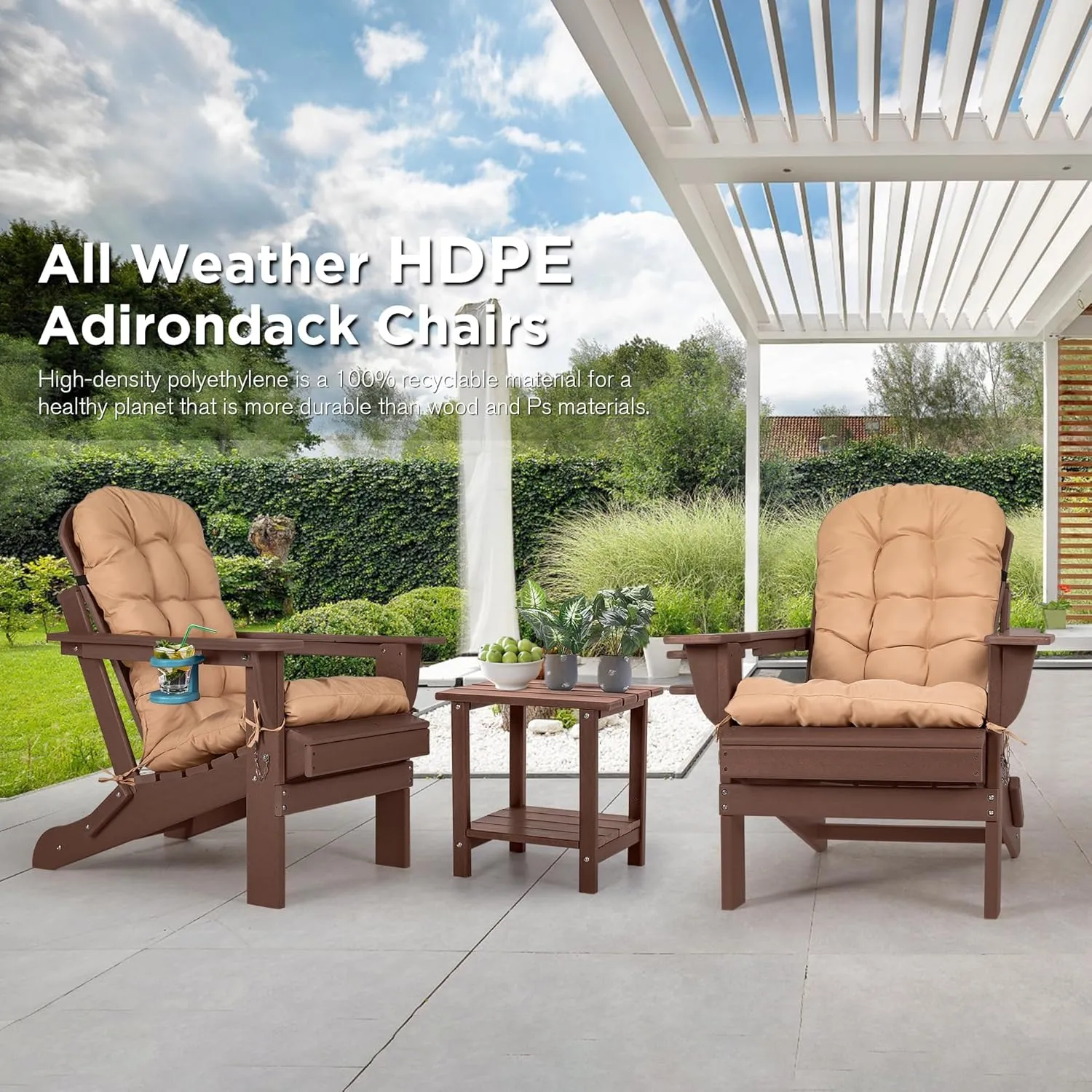 nalone Folding Adirondack Chairs Set of 2 with Cushion with Cup Holder, HDPE Plastic Oversized Patio Chair Weather Resistant, Used in Outdoor, Fire Pit, Deck, Garden, Campfire Chairs