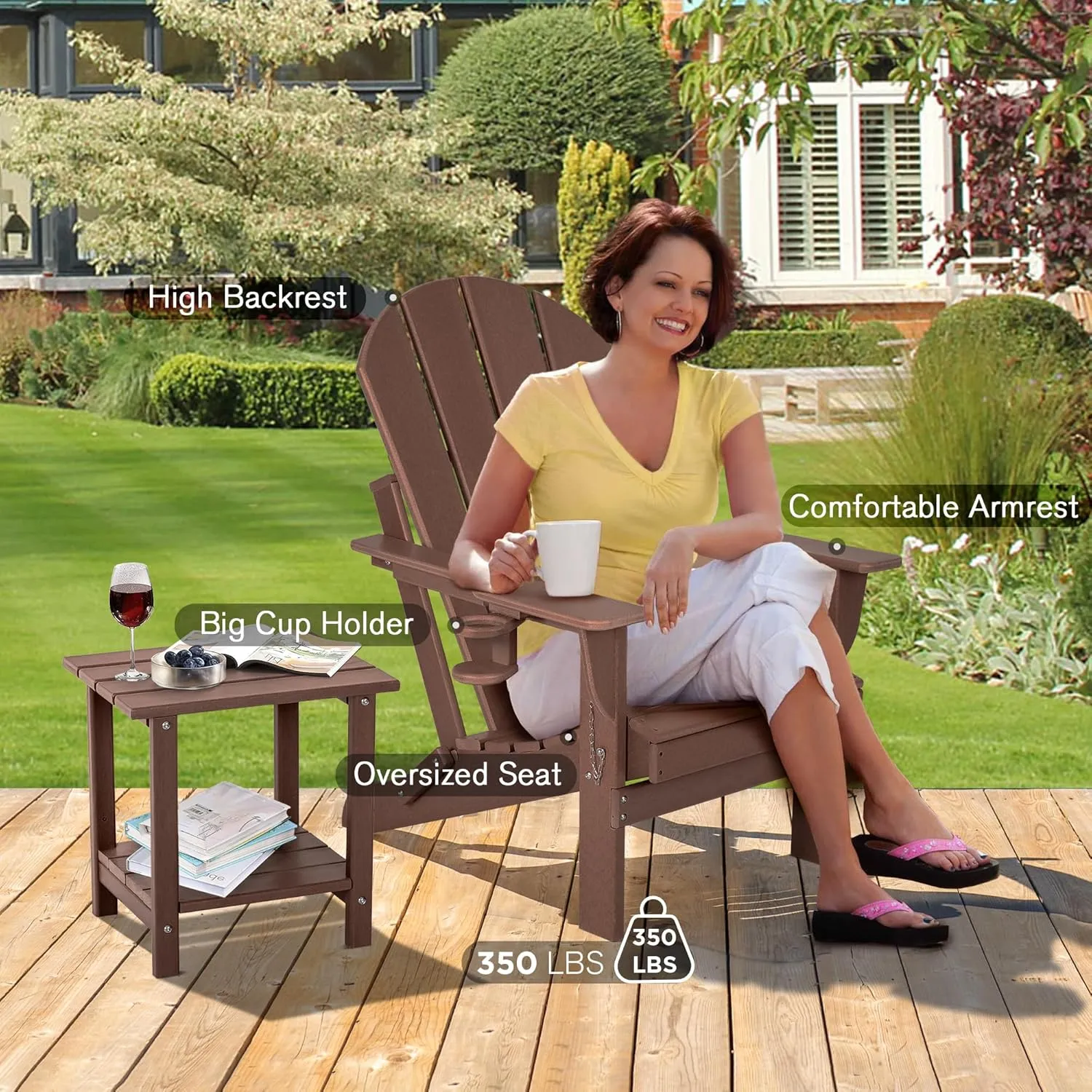 nalone Folding Adirondack Chairs Set of 2 with Cushion with Cup Holder, HDPE Plastic Oversized Patio Chair Weather Resistant, Used in Outdoor, Fire Pit, Deck, Garden, Campfire Chairs