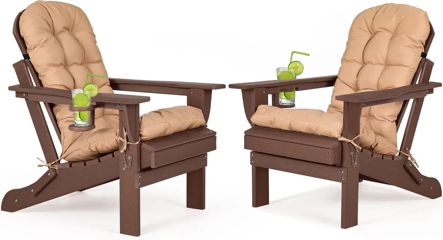 nalone Folding Adirondack Chairs Set of 2 with Cushion with Cup Holder, HDPE Plastic Oversized Patio Chair Weather Resistant, Used in Outdoor, Fire Pit, Deck, Garden, Campfire Chairs