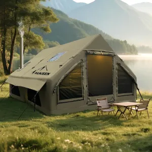 NANJEEN Military-Grade Inflatable Camping Tent – 6~10-Person Shelter, 12㎡ Interior, Wind & Rain Resistant, 8 Minutes Fast Setup with Pump, Chimney Port, Dual Doors