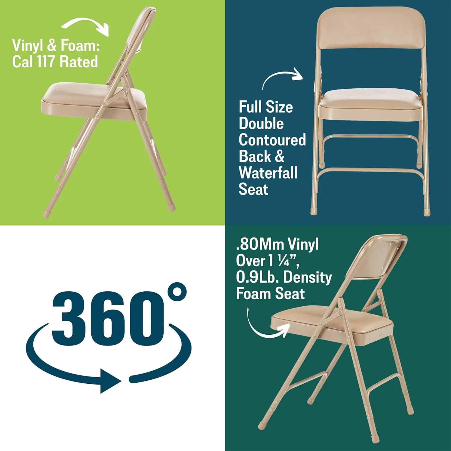 National Public Seating Premium Padded Portable Folding Chairs 1200 Series Upholstered, Heavy-Duty Foldable Chairs for Indoor & Outdoor Use – Set of 4, Comfortable & Durable, French Beige