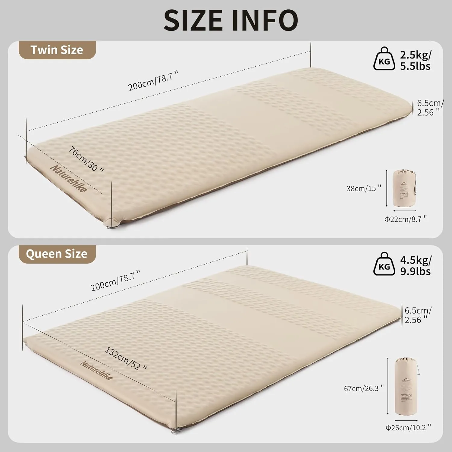 Naturehike 2.56’’ Thick Self Inflating Sleeping Pad for Camping with Foam, Inflatable Twin Size Camping Mattress for Outdoors, Car, Home, ISPO Award Winning Processes