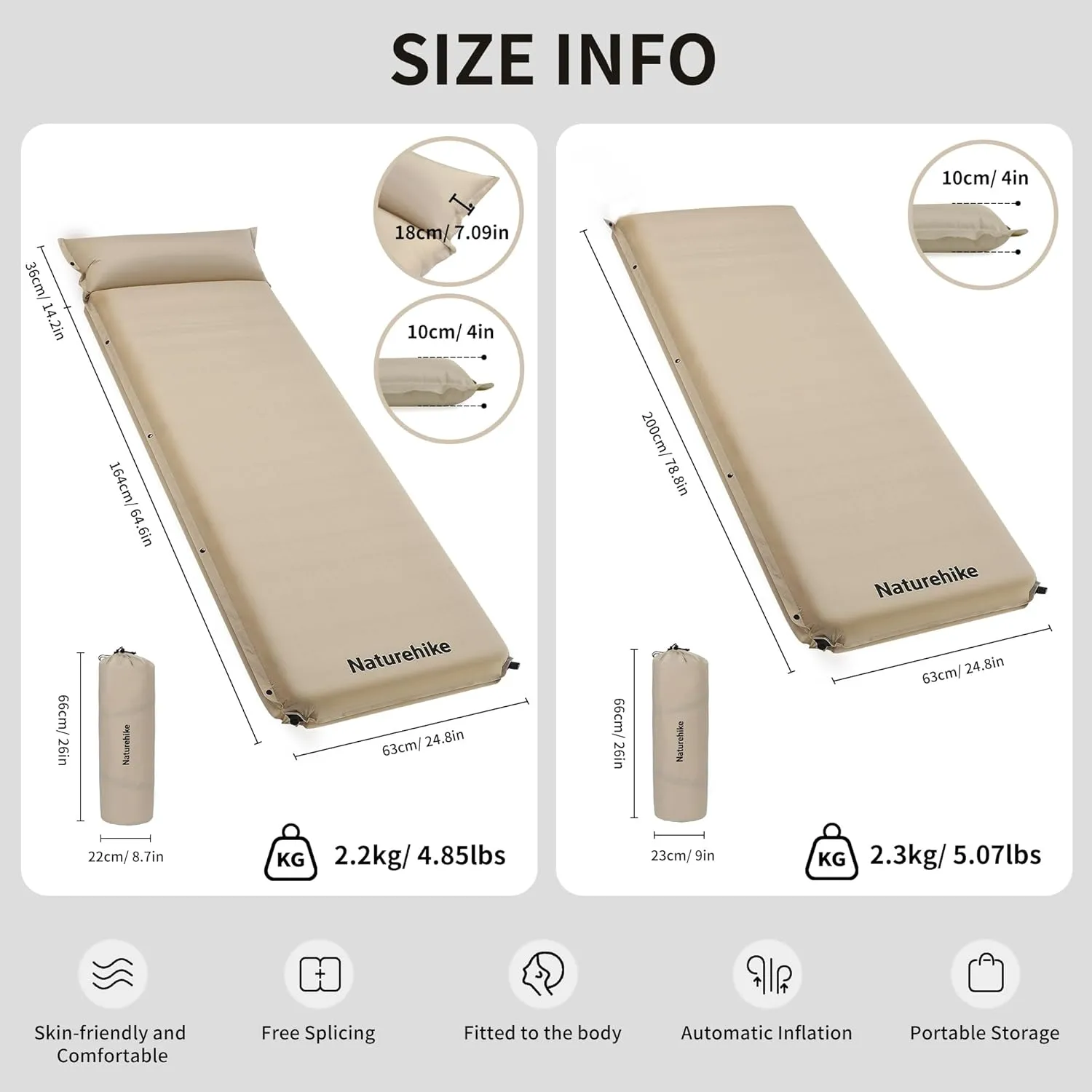 Naturehike 4"/10cm Ultra Thick Foam Self Inflating Sleeping Pad, R9.5 Patchwork Sleeping Mats with 75D Fabric, 4 Seasons Air Mattress for Camping, Travel, Car, Tent, Cot, Hiking