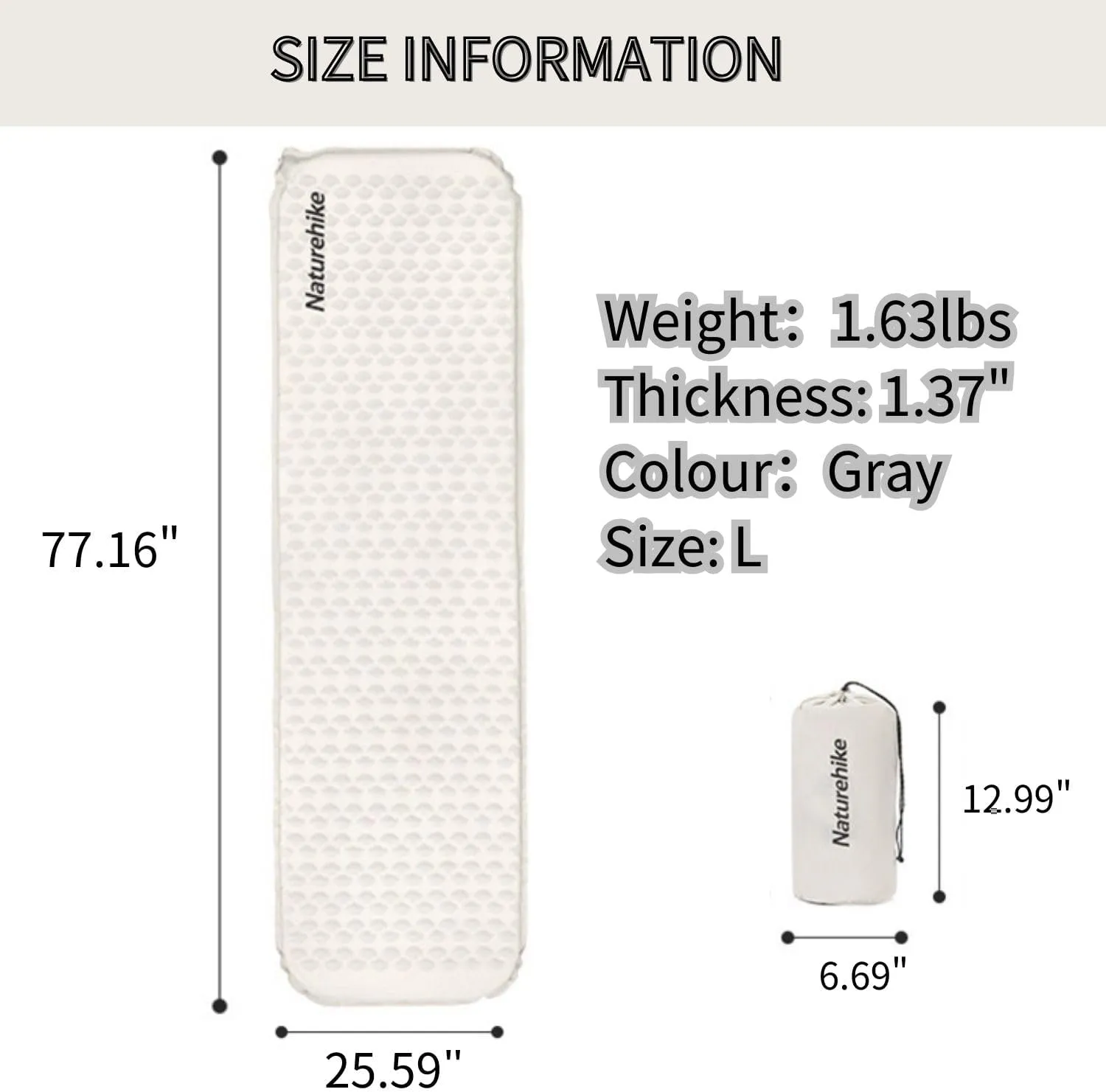 Naturehike 77.16"x25.59"x 1.37" Large Self Inflating Sleeping Pad, 1.63lbs Ultralight Sleeping Mat for Camping&Backpacking, Compact Hiking Outdoor Inflatable Air Mattress (Gray)