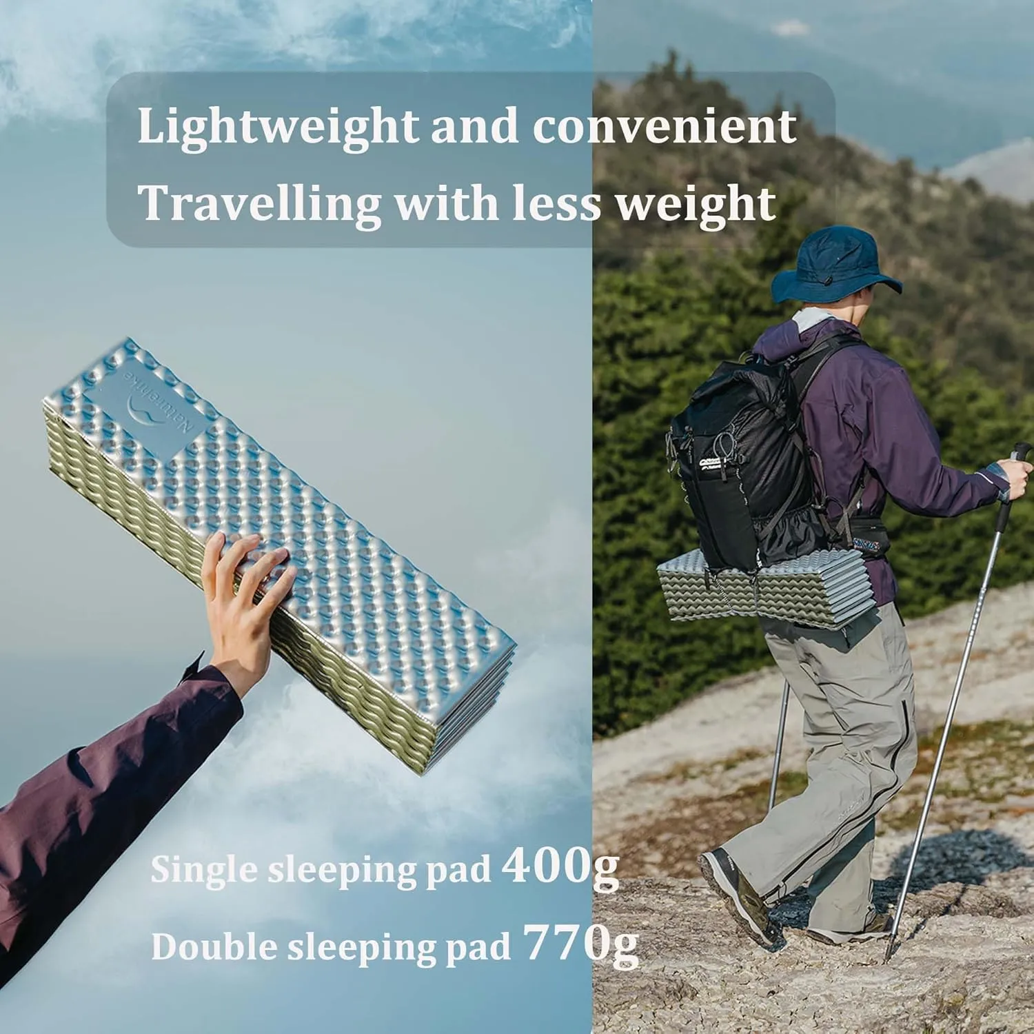 Naturehike Camping Mat 400g/770g Ultra-Light,Wider Roll Mat,IXPE Moisture-Proof Aluminium Film,Egg Nest Sleeping Pad,Folding Portable Cushion for Outdoor Hiking Backpacking