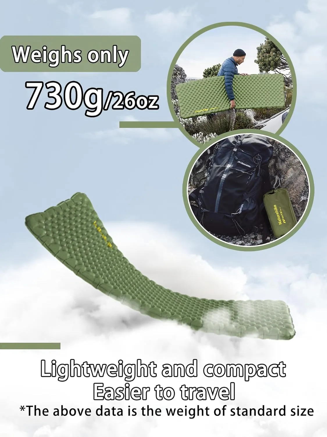 Naturehike Camping Sleeping Pad 4.6 R-Value can be Used for temperatures≥-4℉ Weighs only 26oz Ultralight Waterproof Compact 3in Dynamic Thickening Double-Layer Air Valve Inflatable Bag