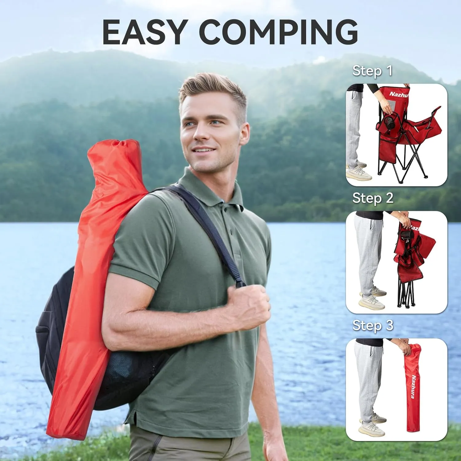 Nazhura 2 Pack Outdoor Camping Chairs Folding/Foldable/Portable with Cooler Pouch, Mesh Backrest and Cup Holder Pocket(Red, 2 Pack)