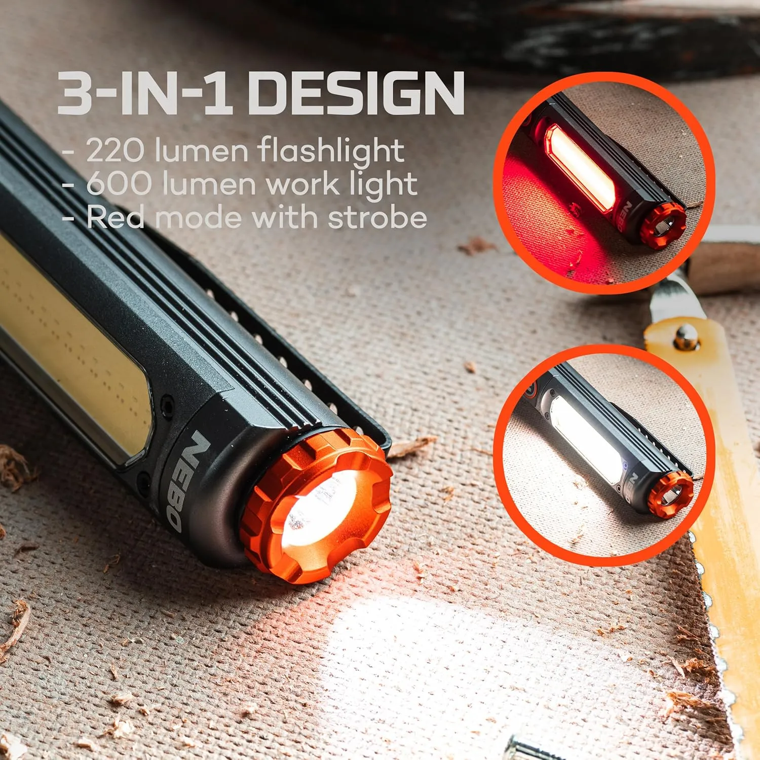 NEBO Big Larry Work Light, 600 Lumen Flashlight with COB Work Light, Pocket Clip Magnetic Base for Hands-Free Lighting, Portable COB LED Dimmable Flashlight, Hazard Light-Red