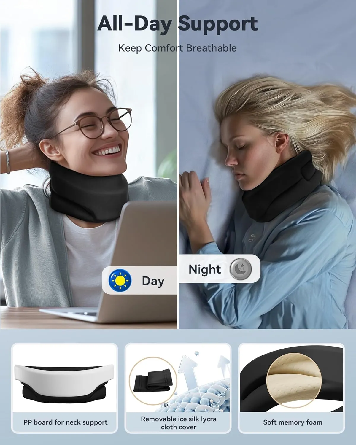 Neck Brace Cervical Collar - Neck Support Brace for Sleeping, Soft Foam Wraps Keep Vertebrae Stable and Aligned for Relief of Cervical Spine Pressure Black Large(15.8-18.1 Inch)