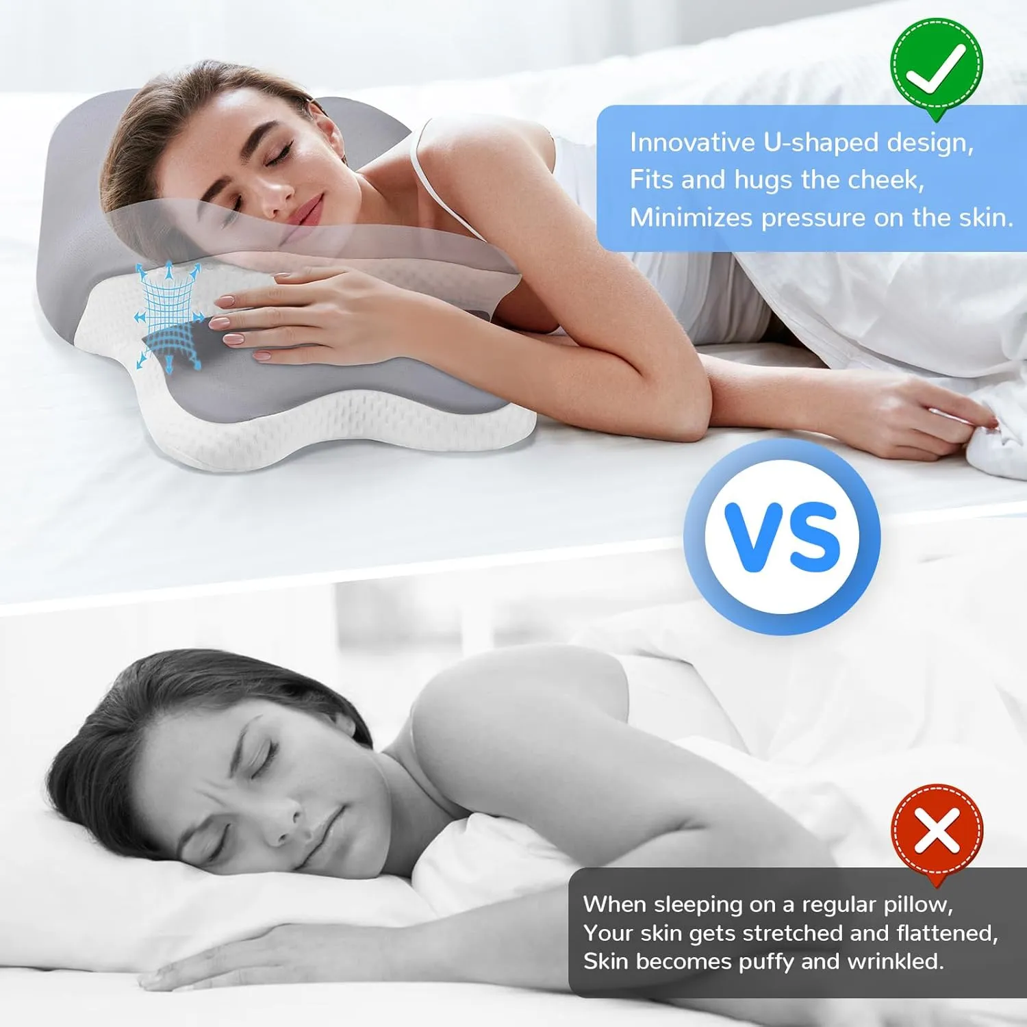Neck Pain Relief Pillow - Ergonomic Cervical Support with Dual-Height Memory Foam & Cooling Ice Silk Cover for Side and Back Sleepers, Grey