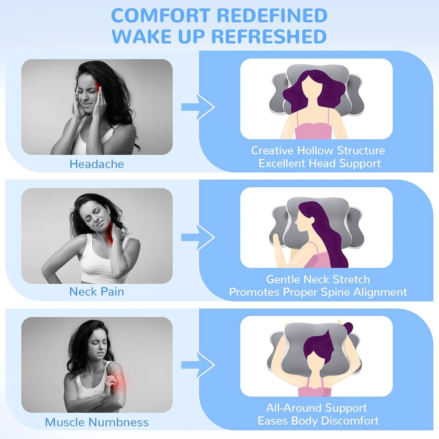 Neck Pain Relief Pillow - Ergonomic Cervical Support with Dual-Height Memory Foam & Cooling Ice Silk Cover for Side and Back Sleepers, Grey