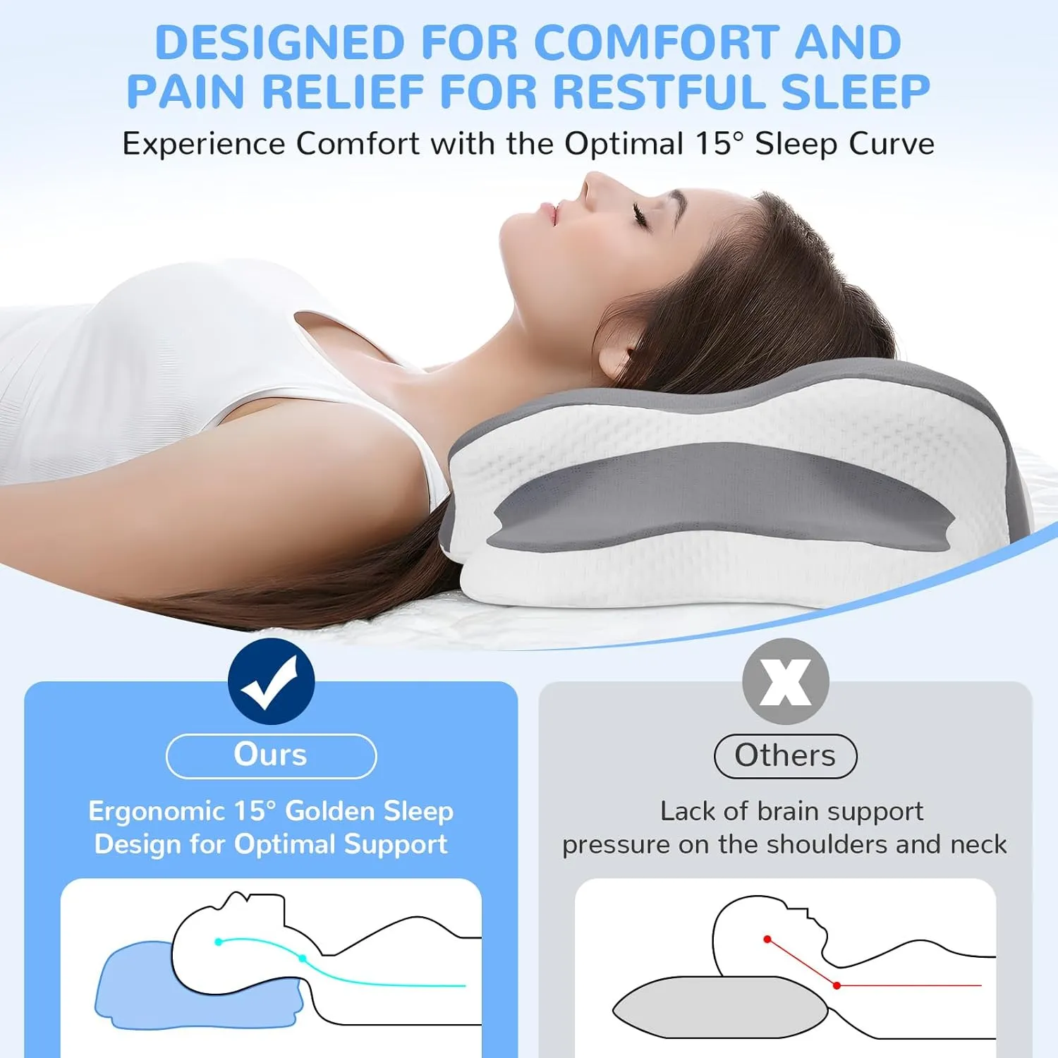Neck Pain Relief Pillow - Ergonomic Cervical Support with Dual-Height Memory Foam & Cooling Ice Silk Cover for Side and Back Sleepers, Grey