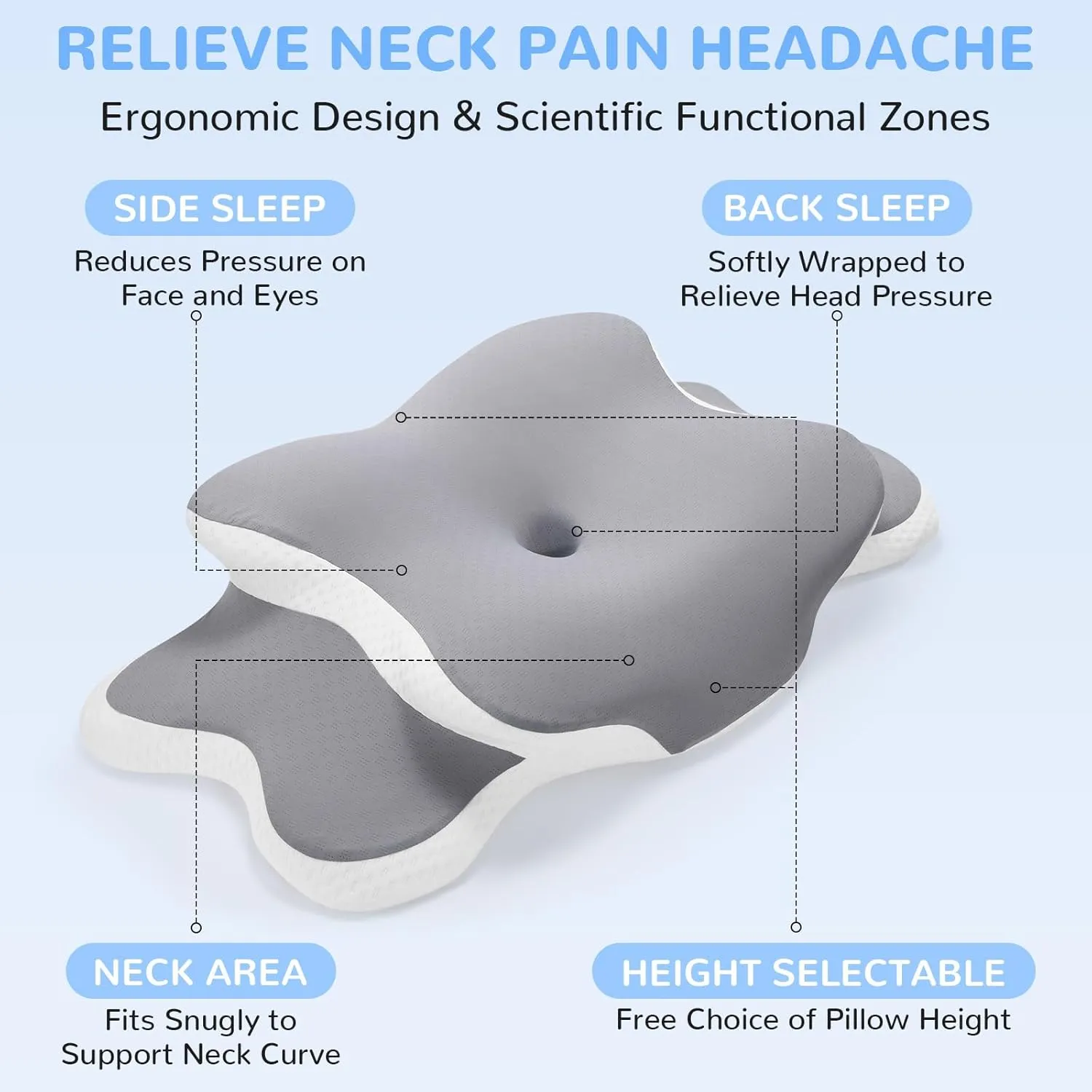 Neck Pain Relief Pillow - Ergonomic Cervical Support with Dual-Height Memory Foam & Cooling Ice Silk Cover for Side and Back Sleepers, Grey