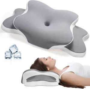 Neck Pain Relief Pillow - Ergonomic Cervical Support with Dual-Height Memory Foam & Cooling Ice Silk Cover for Side and Back Sleepers, Grey