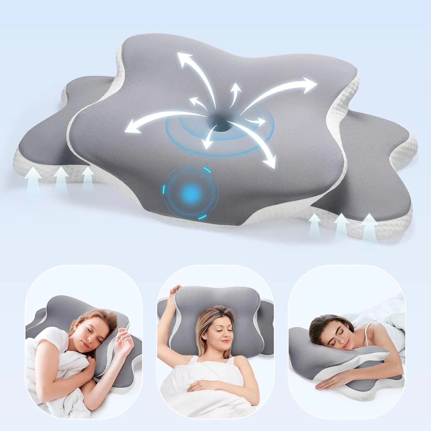 Neck Pain Relief Pillow - Ergonomic Cervical Support with Dual-Height Memory Foam & Cooling Ice Silk Cover for Side and Back Sleepers, Grey