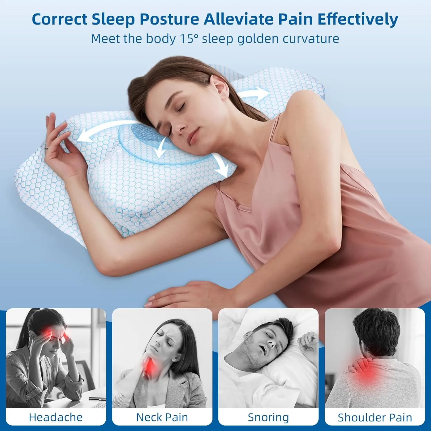 Neck Pain Relief Pillow - Ergonomic Cervical Support with Dual-Height Memory Foam & Cooling Ice Silk Cover for Side and Back Sleepers, White-Blue