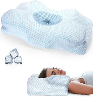 Neck Pain Relief Pillow - Ergonomic Cervical Support with Dual-Height Memory Foam & Cooling Ice Silk Cover for Side and Back Sleepers, White-Blue