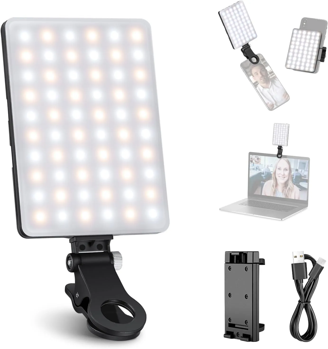 NEEWER Basic Selfie Light with Front & Back Phone Clip, 60 LED 2000mAh Rechargeable CRI 95 , 3 Light Modes, Portable Clip on Light for Phone/Tablet/Laptop, Zoom Call TikTok Video Fill Light - NL-60AI