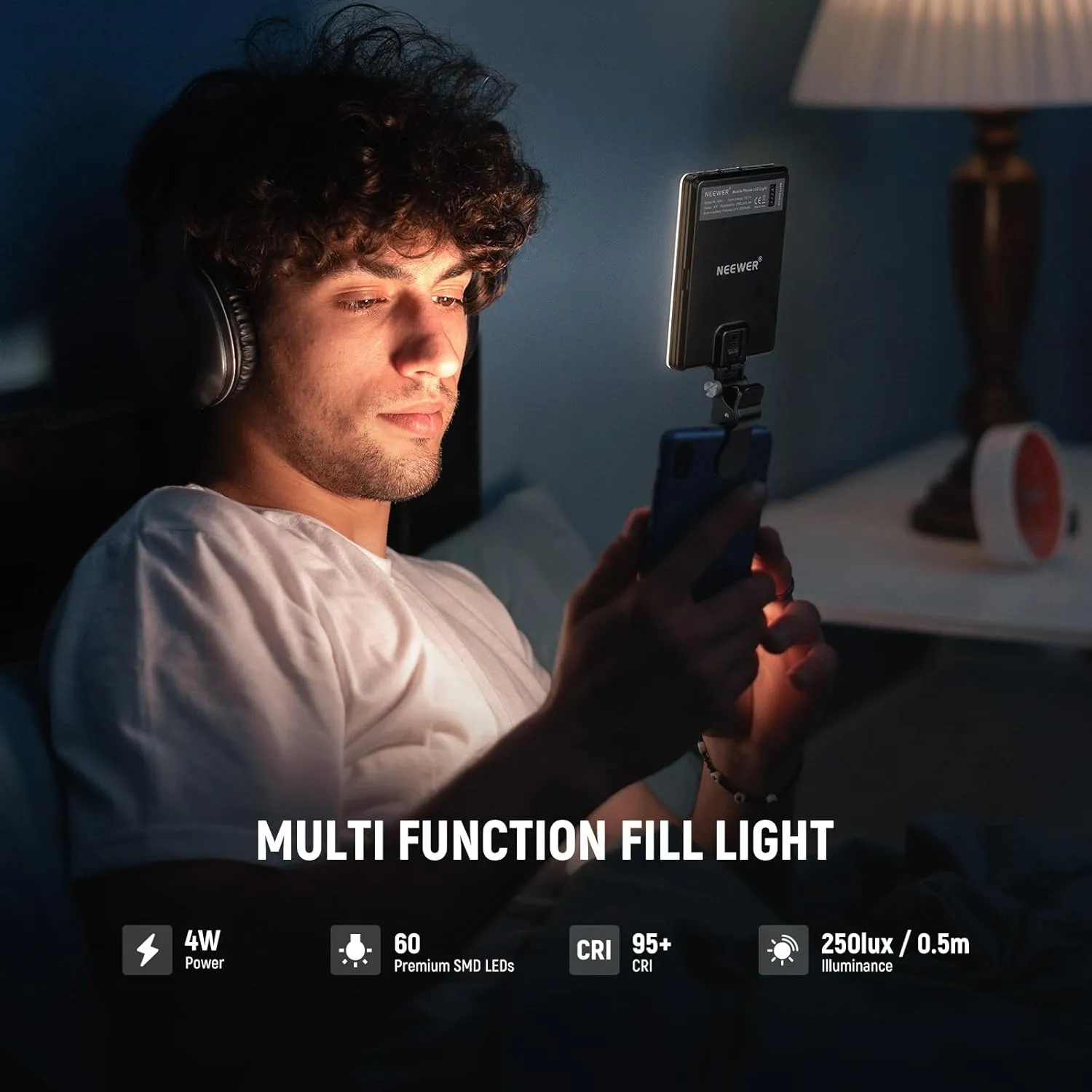 NEEWER Basic Selfie Light with Front & Back Phone Clip, 60 LED 2000mAh Rechargeable CRI 95 , 3 Light Modes, Portable Clip on Light for Phone/Tablet/Laptop, Zoom Call TikTok Video Fill Light - NL-60AI