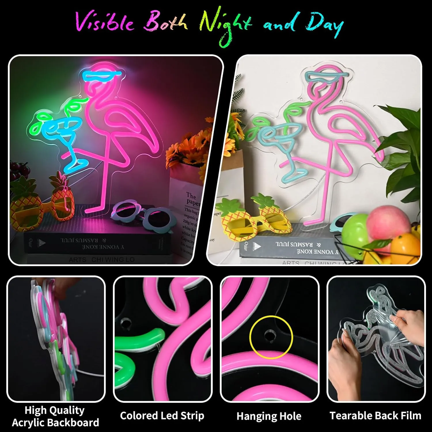 Neon Flamingo Light Up Sign for Hawaii Party, Pink Blue Flamingo Cocktails Neon Sign for Tiki Bar Wall Decor, Tropical Led Sign for Women Girl Bedroom Hawaiian Summer Beer Beach Party Decorations