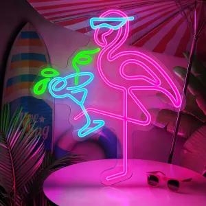 Neon Flamingo Light Up Sign for Hawaii Party, Pink Blue Flamingo Cocktails Neon Sign for Tiki Bar Wall Decor, Tropical Led Sign for Women Girl Bedroom Hawaiian Summer Beer Beach Party Decorations
