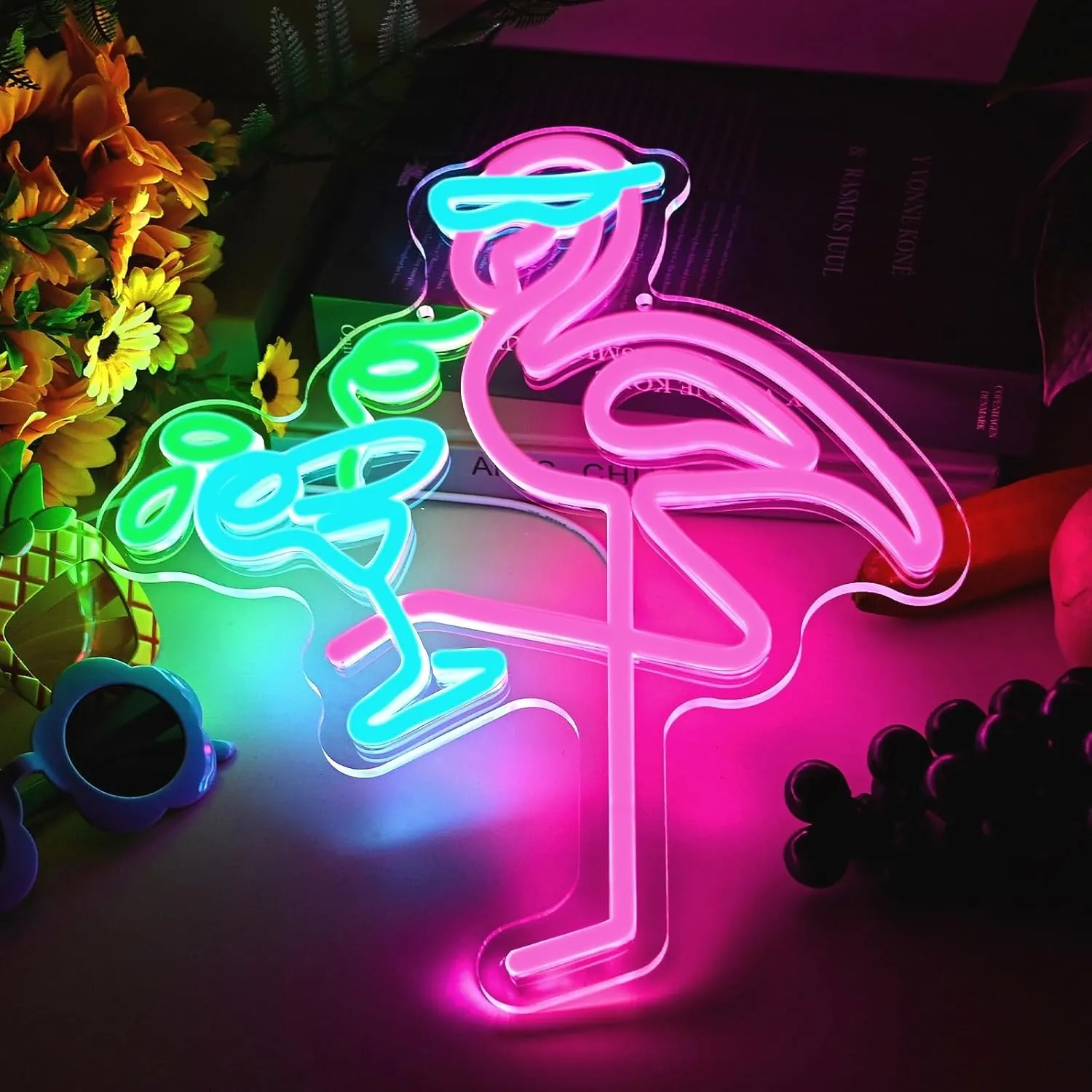 Neon Flamingo Light Up Sign for Hawaii Party, Pink Blue Flamingo Cocktails Neon Sign for Tiki Bar Wall Decor, Tropical Led Sign for Women Girl Bedroom Hawaiian Summer Beer Beach Party Decorations
